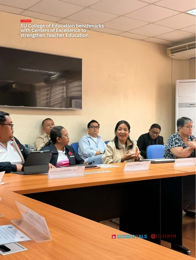 Dr. Gladys C. Nivera (third from left), dean of the Philippine Normal University–Manila College of Teacher Development, leads university officials in welcoming the SUCoE benchmarking delegation. Joining her are (back, from left) Dr. Joel C. Malabanan, Associate Dean of the Faculty of Languages and Literature; Dr. Niño D. Naldoza, Associate Dean of the Faculty of Education and Information Sciences; Prof. Bryan C. Dayuta, Director of the PNU Linkages and International Office; and (front, rightmost) Dr. Ruth A. Alido, Director of the Curriculum Management and Instructional Materials Office.