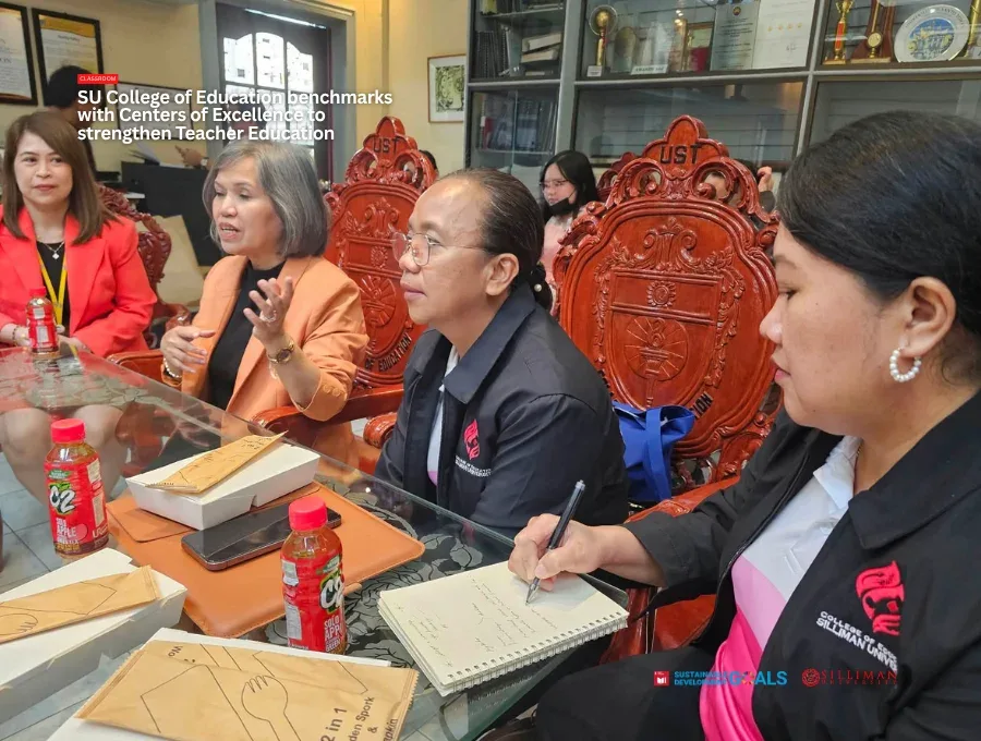 Dr. Pilar I. Romero (second from left), dean of the University of Santo Tomas College of Education, shares best practices in educational management, research, and student services with the SUCoE delegation. Joining her is Dr. Maria Corazon S. Sauz (left), chairperson of the Secondary Education Department.