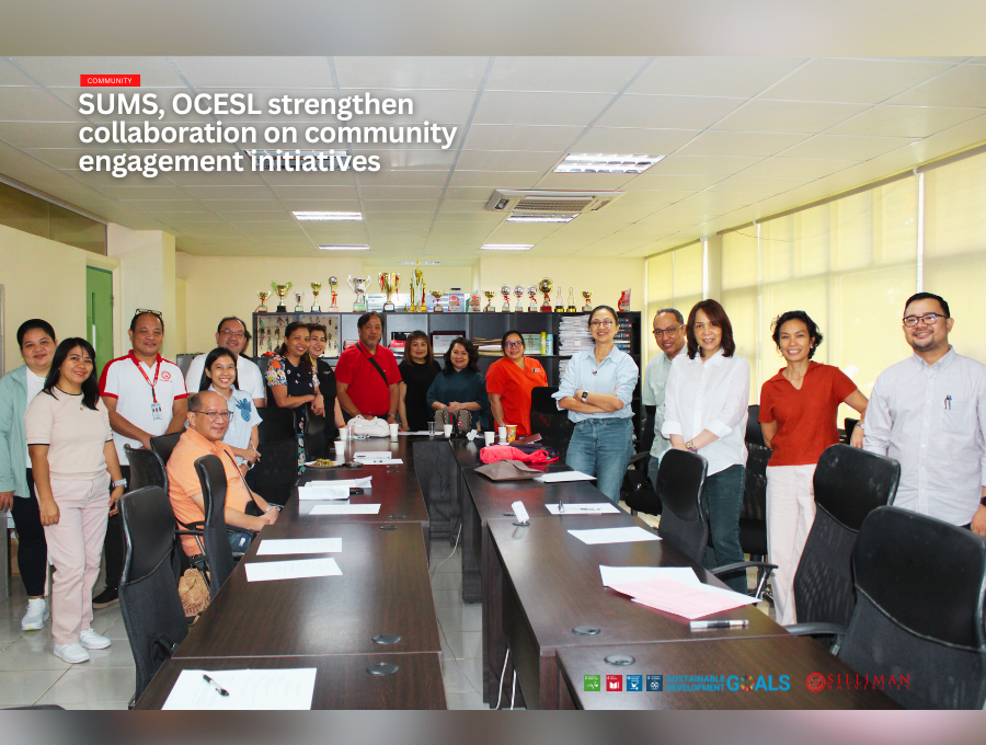 Faculty and staff members of SUMS and OCESL, together with Dr. Jennifer Barimbao and Asst. Prof. Novee Maestrecampo Jr. (second and far left, respectively), pose at the SUMS Faculty Room.