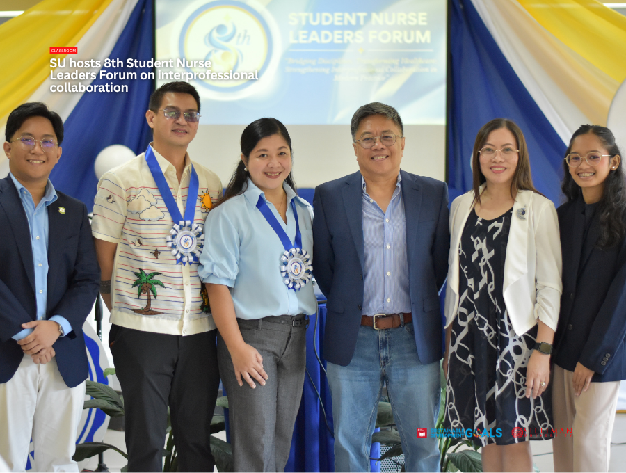 (L-R) Christian Chino Maverick O. Tagra, SUCN Class 2027 President; Atty. Rowtir John L. Banquerigo, RN, JD, REB; Asst. Prof. Minerva G. Marcial, MPH, RN, PTRP; Mr. Poincare C. Alilaen, Jr., RN, MBA; Dr. Freslyn Lim-Saco, SUCN Research Coordinator; and Raven Jane R. Romano, Section A Representative, pose for a commemorative photo during the 8th Student Nurse Leaders Forum held on October 10, 2026, at Silliman University College of Nursing.