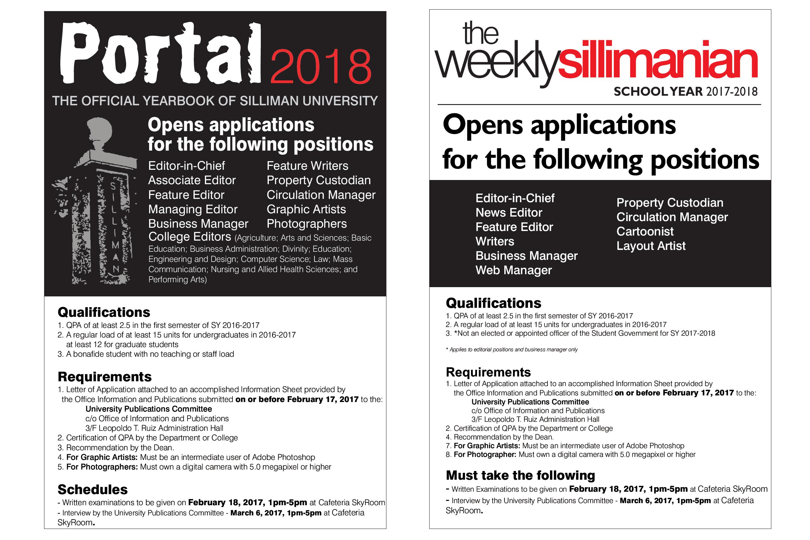 Application for Portal 2018 and The Weekly Sillimanian 2017-2018 Now Open