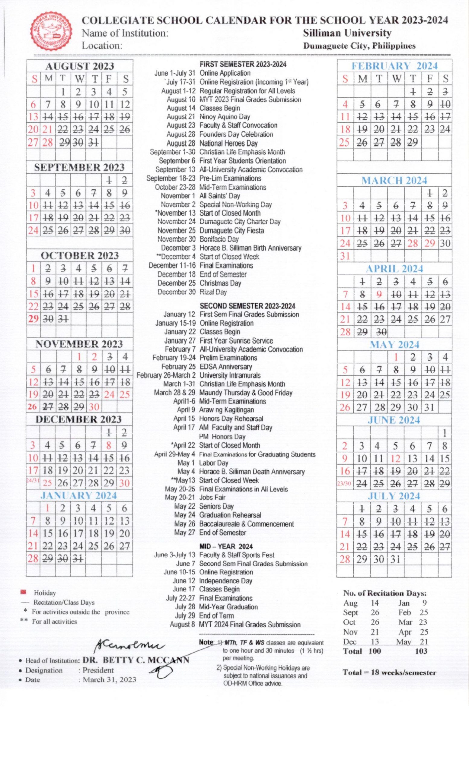 School Calendar Silliman University