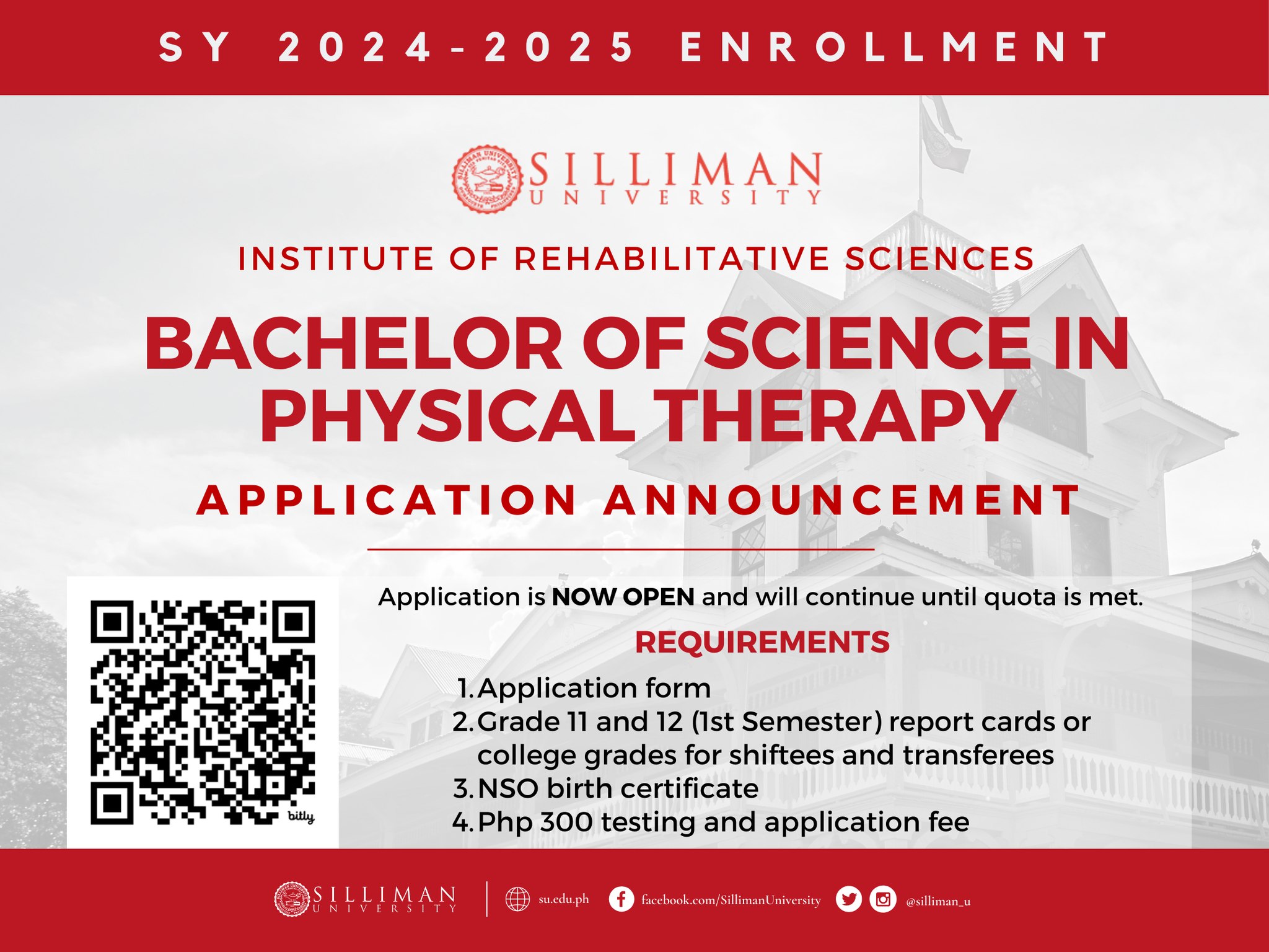 The Silliman University (SU) Institute of Rehabilitative Sciences (IRS) is NOW ACCEPTING applicants for the First Semester, SY 2024-2025