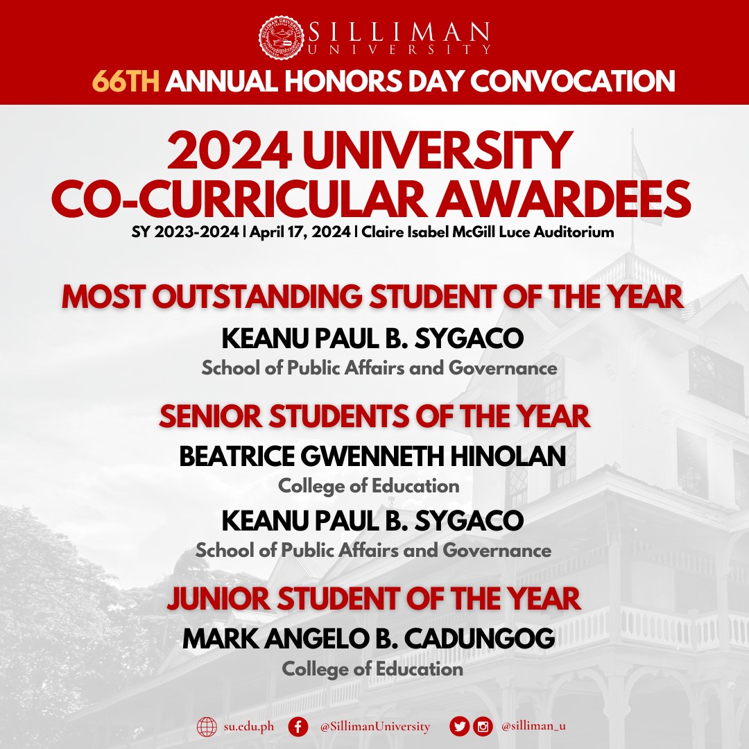 Silliman University (SU) congratulates three (3) students who are this year’s 2024 University Co-Curricular Awardees at the 66th Annual Honors Day Convocation