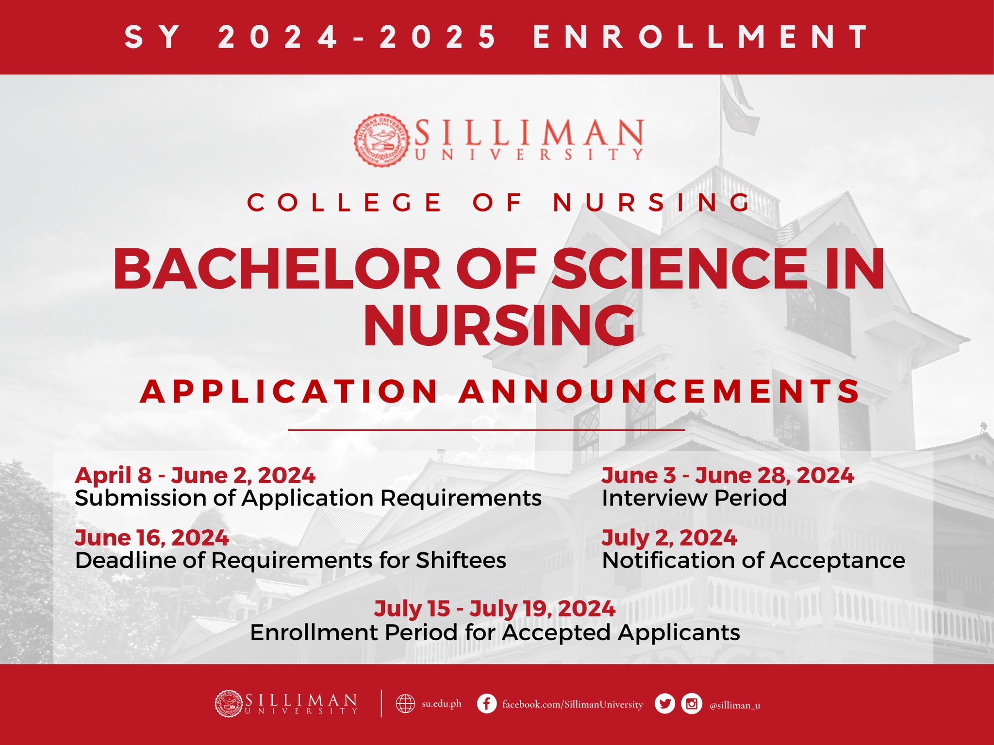 The Silliman University College of Nursing (SUCN) is opening its application process for the SY 2024-2025 beginning next week!