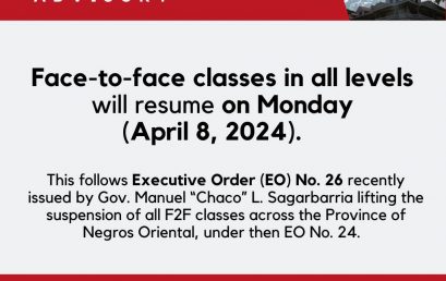 Gov. Manuel “Chaco” L. Sagarbarria, has just issued Executive Order (EO) No. 26, lifting the suspension of face-to-face classes due to extreme heat under then EO No. 24
