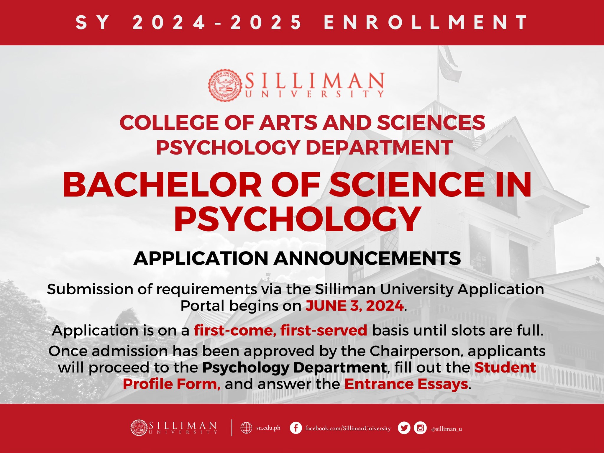 College of Arts and Sciences – Psychology Department is calling all interested first-year applicants to APPLY to its Bachelor of Science in Psychology
