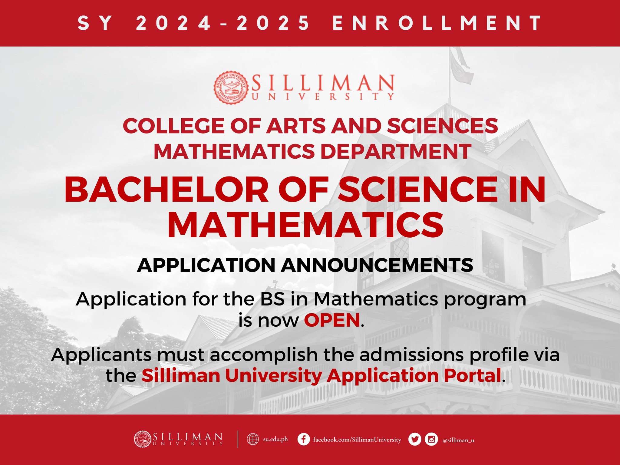 College of Arts and Sciences (CAS) – Mathematics Department is announcing its call for application to their Bachelor of Science in Mathematics for SY 2024-2025
