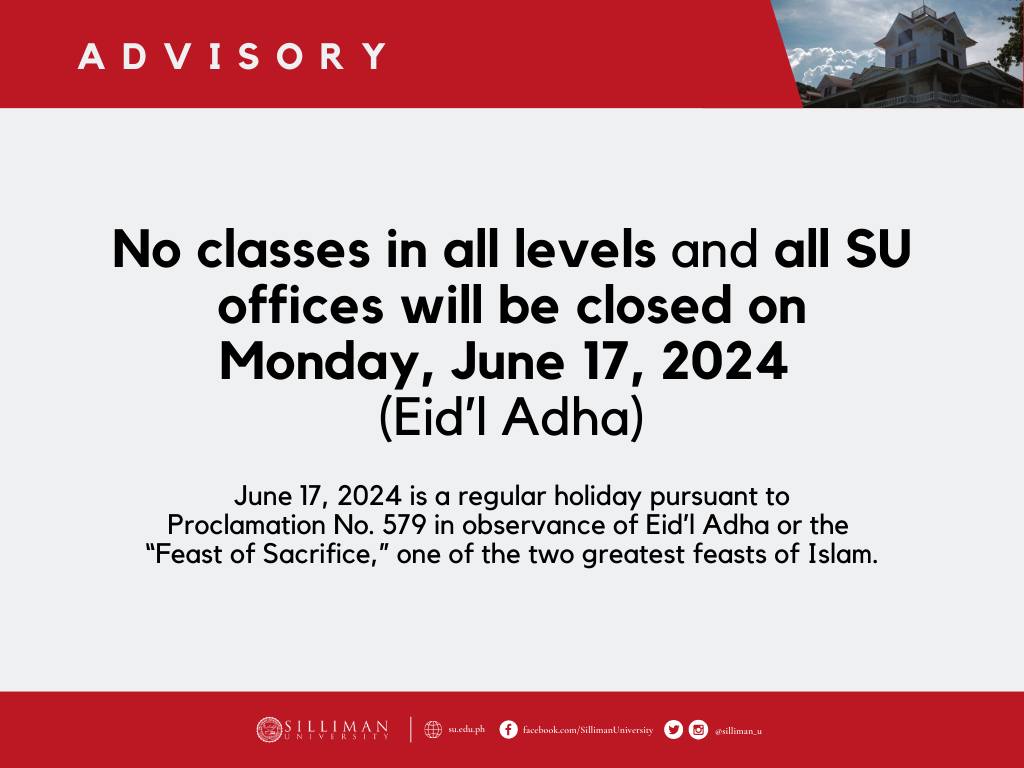 No classes in all levels and all SU offices will be closed on MONDAY (June 17, 2024)