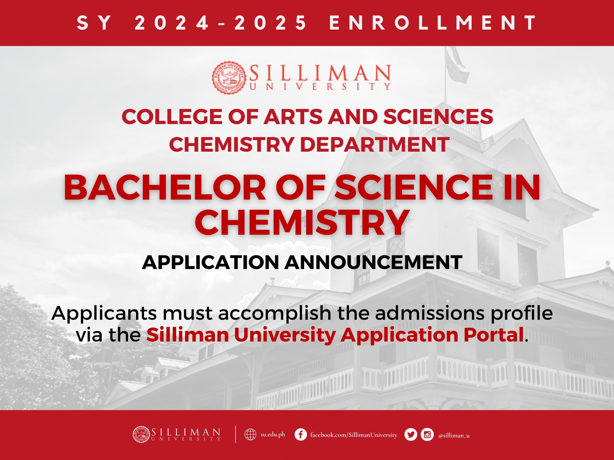 College of Arts and Sciences – Chemistry Department is now accepting Bachelor of Science in Chemistry applications for SY 2024-2025