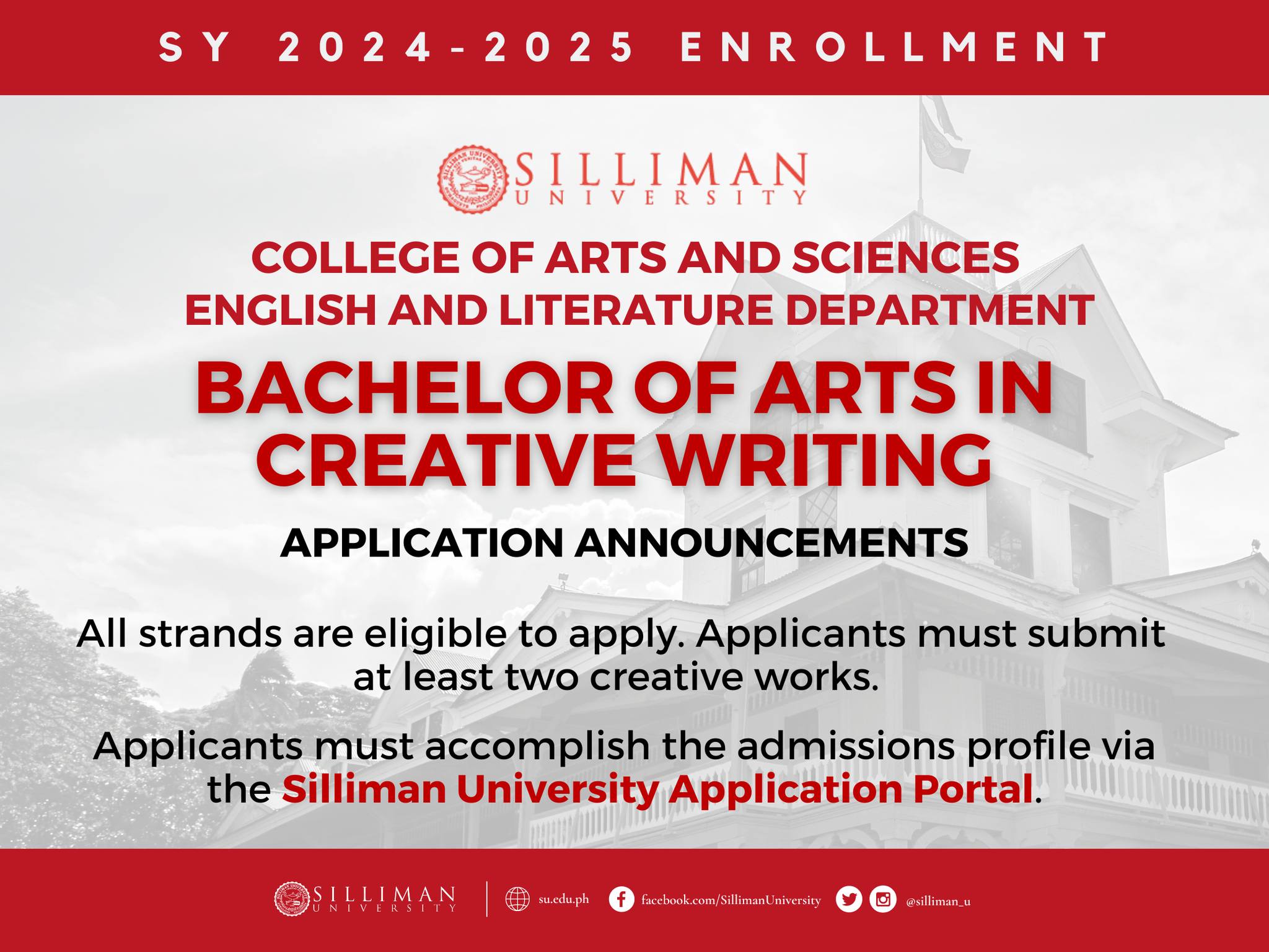 College of Arts and Sciences – English and Literature Department is now accepting applications for the following degrees for SY 2024-2025