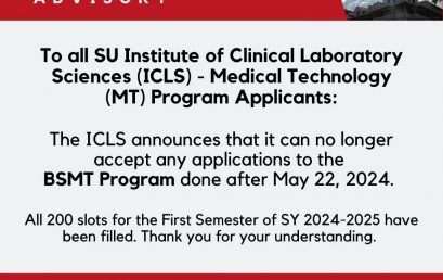 Institute of Clinical Laboratory Sciences (ICLS) announces that ALL applications to the Bachelor of Science in Medical Technology (BSMT) program done after May 22, 2024 will no longer be accepted