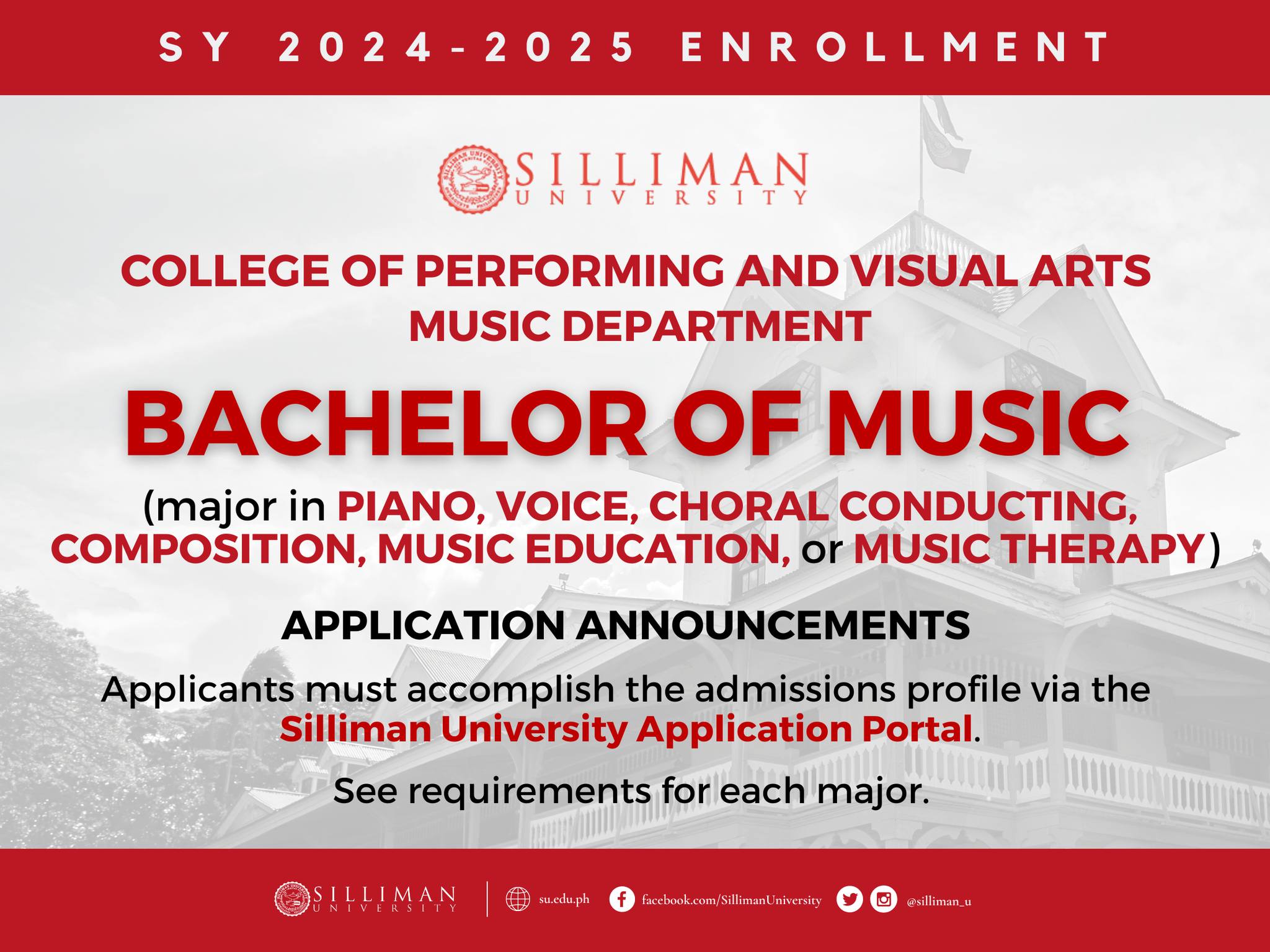 College of Performing and Visual Arts (COPVA) – Music Department is now accepting applications for the following degrees for SY 2024-2025