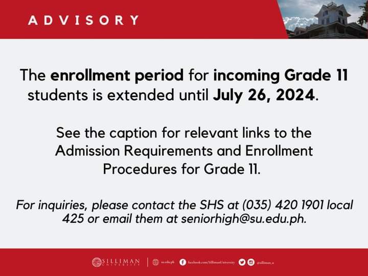 The Silliman University – Senior High School (SHS) Department is extending the enrollment period for incoming Grade 11 SHS students until July 26, 2024!