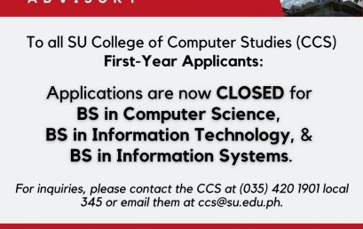 College of Computer Studies (CCS) announces that applications are now CLOSED for Bachelor of Science in Computer Science, Bachelor of Science in Information Technology, and Bachelor of Science in Information Systems.
