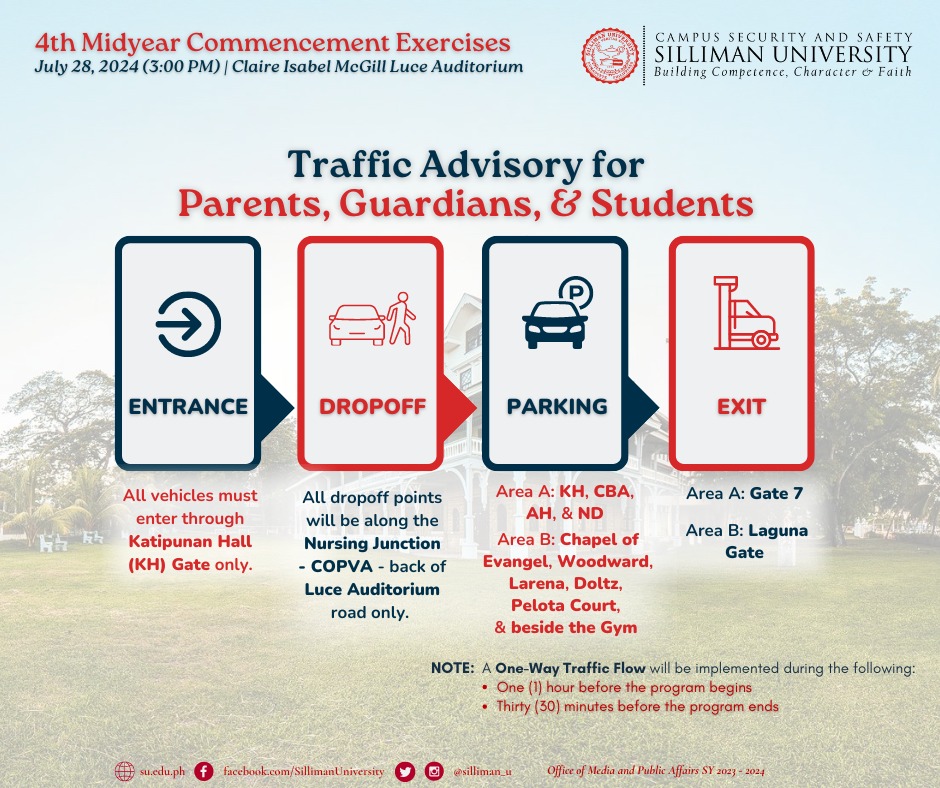 Campus Security and Safety Office (CSSO) is reminding all participating students, parents/guardians, and the Silliman community to observe our Traffic and Parking Advisory
