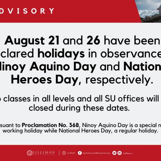 No classes in all levels and all SU offices will be closed on August 21 and 26, 2024