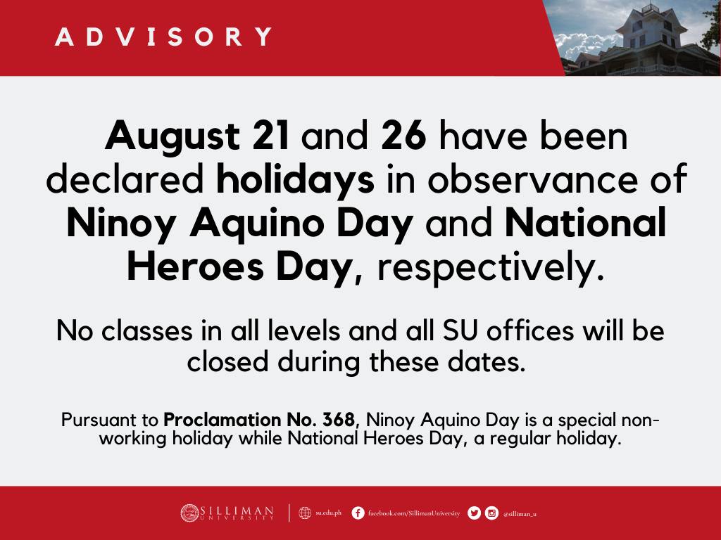 No classes in all levels and all SU offices will be closed on August 21 and 26, 2024