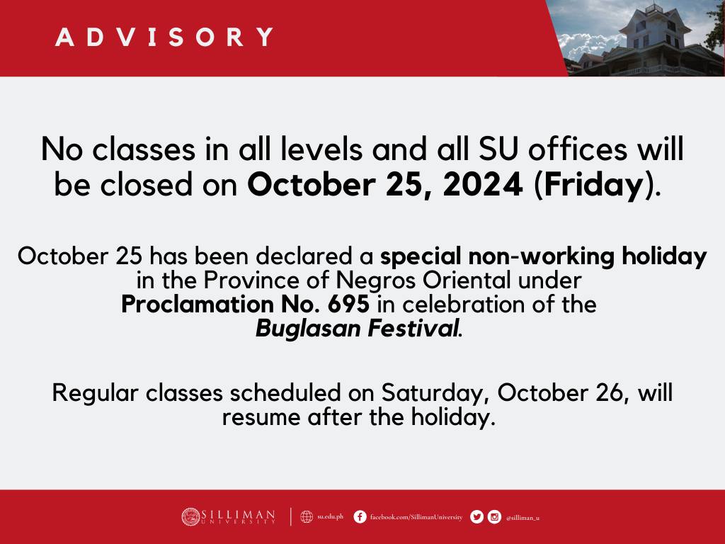 No classes in all levels and all SU offices will be closed on October 25, 2024 (Friday)