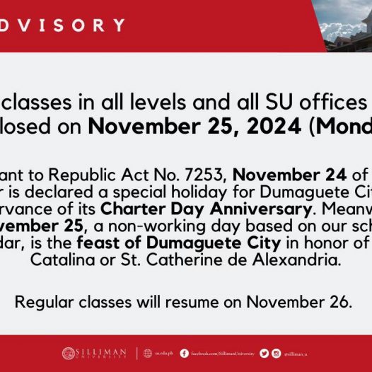 No classes in all levels and all SU offices will be closed on November 25, 2024 (Monday)