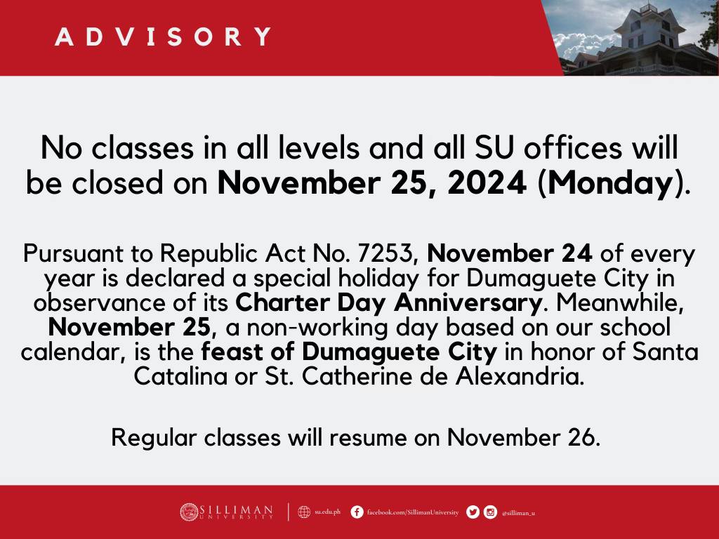 No classes in all levels and all SU offices will be closed on November 25, 2024 (Monday)