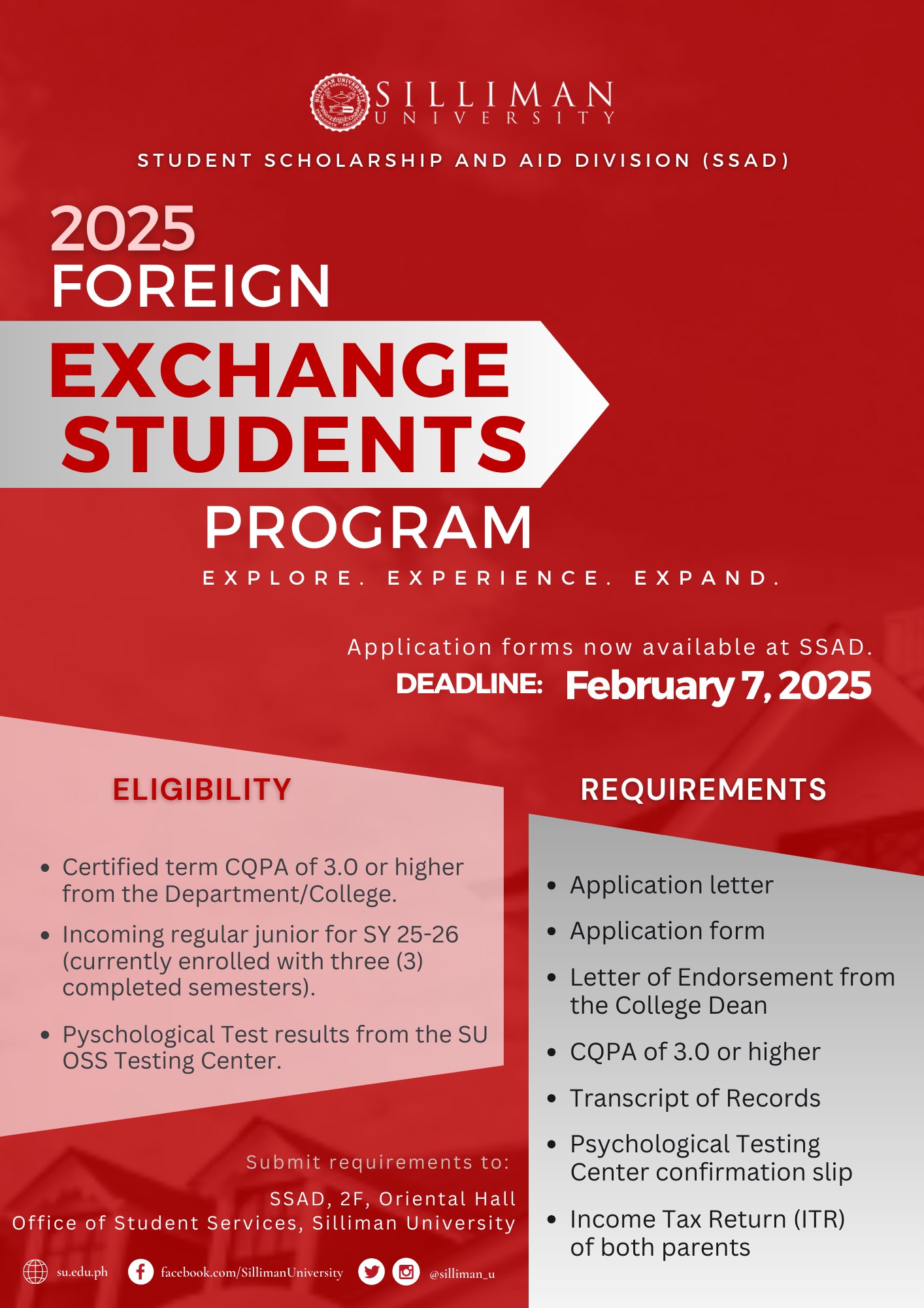 The Student Scholarship and Aid Division (SSAD), is NOW ACCEPTING interested applicants for the 2025 Foreign Exchange Students Program