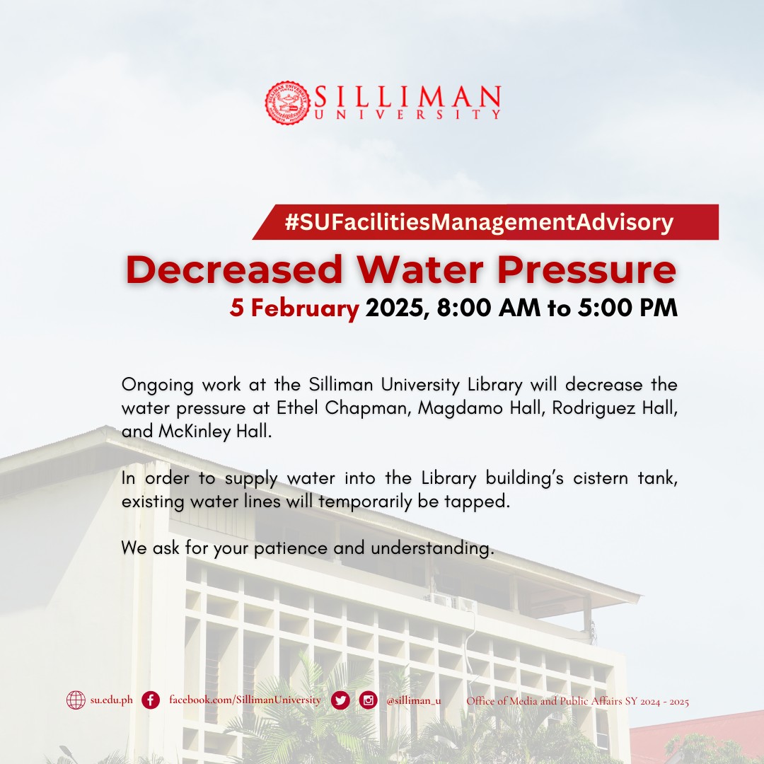 Facilities Management and Administrative Services (FMAS) announces there will be a decrease in water pressure TOMORROW, February 5, 2025, from 8:00 AM to 5:00 PM