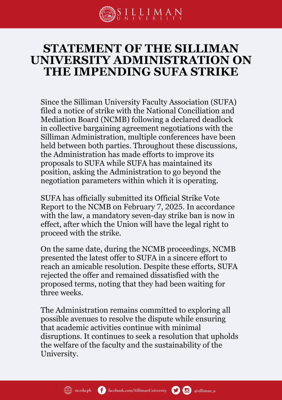 The Silliman University (SU) Administration releases its Statement on the SU Faculty Association (SUFA)’s impending strike