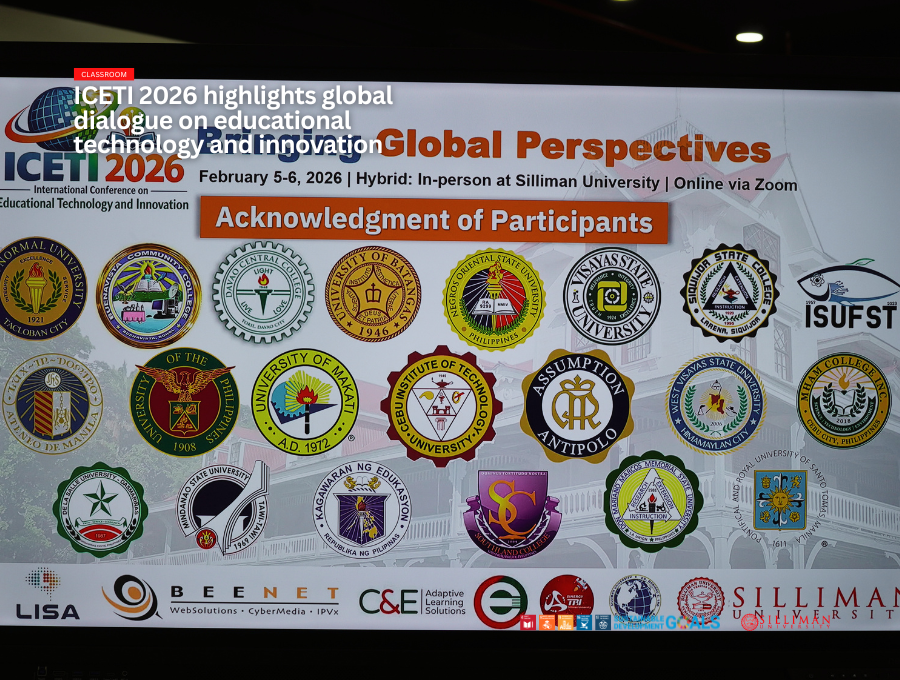 Participating institutions during the ICETI 2026 are flashed on all monitors in the library.