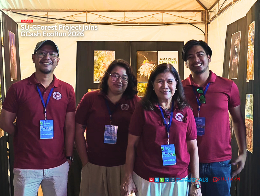 SU-Gforest Project team (left to right) Clint G. Alvior, Floramae J. Neri, Hilconida P. Calumpong, and Joaquin Lorenzo I. Hernandez pose at the SU booth.