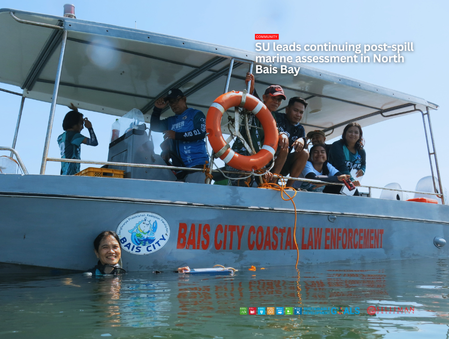 Members of the joint habitat damage assessment team, including SUI-IEMS marine biologists, DENR-TSPS, the Philippine Coast Guard, and the Bais City Bantay Dagat, on board a Bais City Coastal Law Enforcement speedboat during field operations. Dr. Aileen Maypa is seen in the water conducting on-site assessment (Photo: SU IEMS).