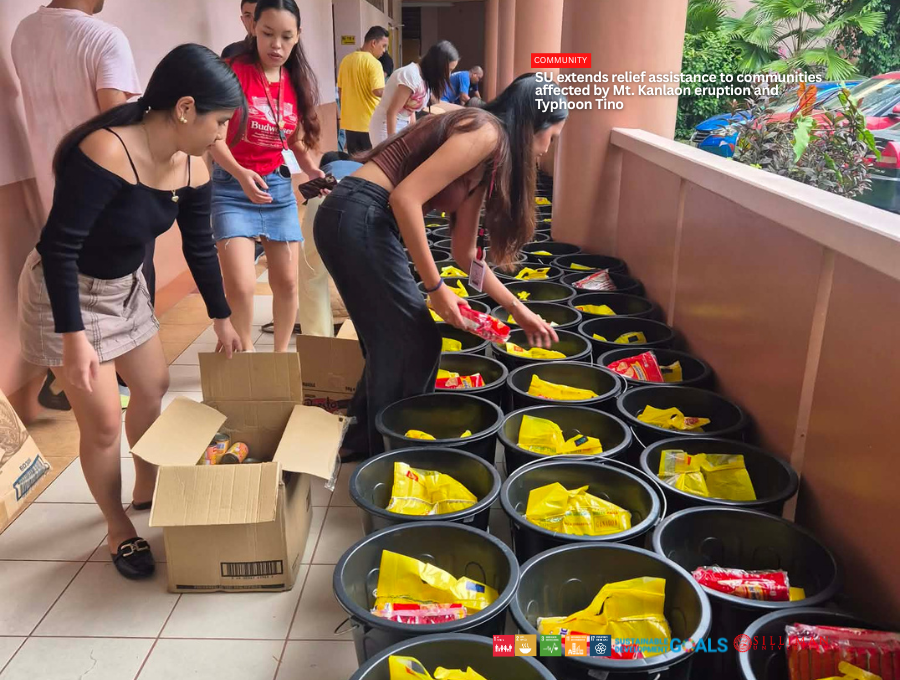 Faculty members, staff, and students of the College of Business Administration join hands in repacking donated items in preparation for their transport and distribution to communities in Canlaon City affected by the recent eruption of Mount Kanlaon.
