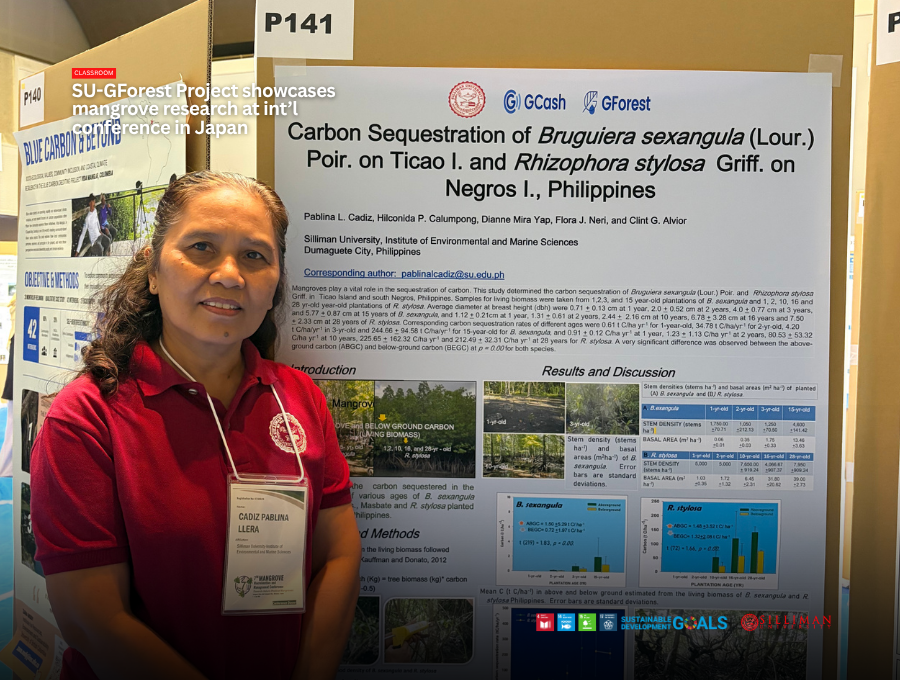 Dr. Pablina L. Cadiz stands with her research poster, “Carbon Sequestration of Bruguiera sexangula (Lour.) Poir. on Ticao Island and Rhizophora stylosa Griff. on Negros Island, Philippines.”