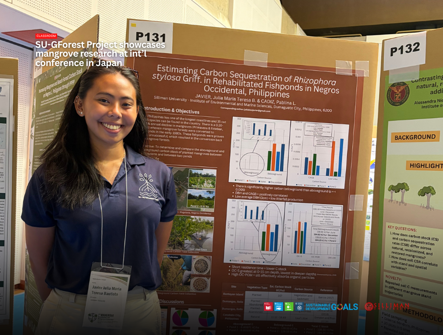 Julia Maria Teresa B. Javier with her research poster, “Estimating Carbon Sequestration of Rhizophora stylosa Griff. in Rehabilitated Fishponds in Negros Occidental, Philippines.”