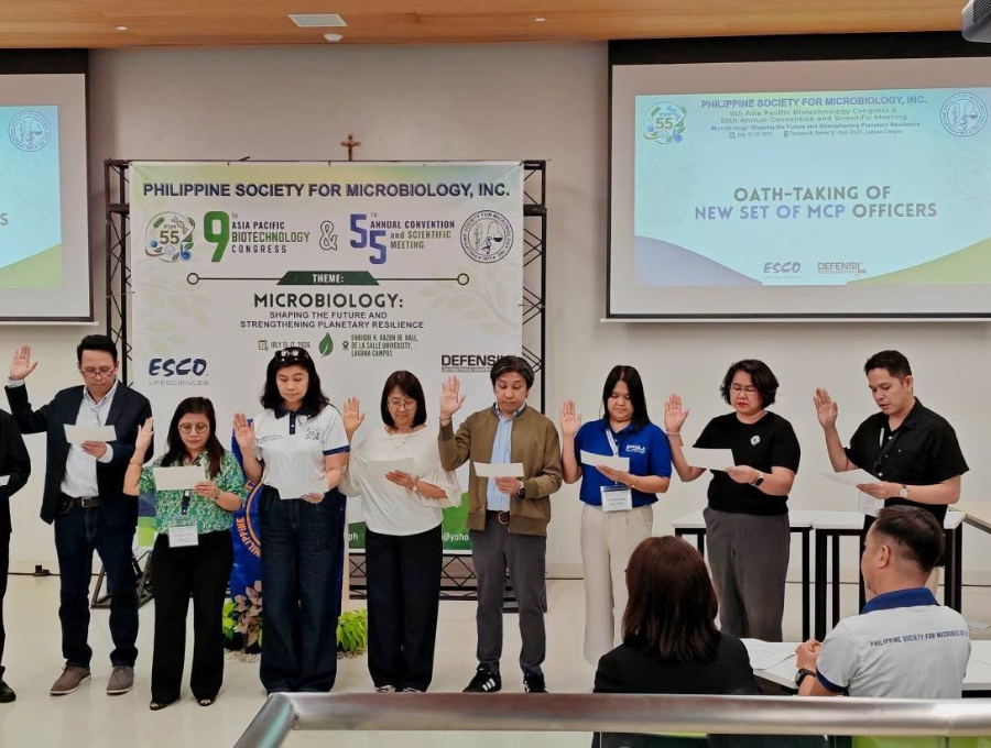 Dr. Mae Brigitt Bernadel L. Villordon (second from left) takes her oath as the newly elected Visayas representative to the Microbiology Consortium of the Philippines (MCP) during its pre-convention general assembly on July 14, 2026, at De La Salle University Laguna Campus.
