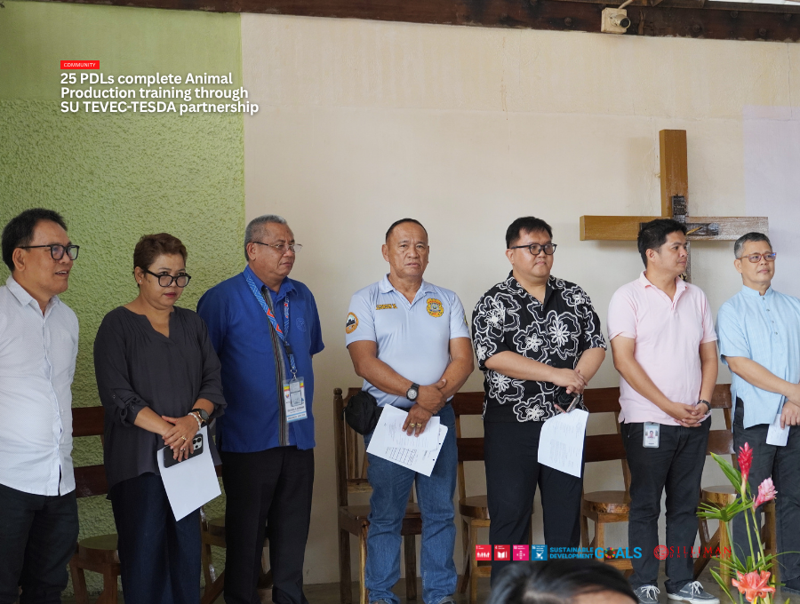(L-R) Dr. Ralton D. Bancairen, Office of Registration and Records Management chief; Utzurrum, TEVEC head; Gumahad, TESDA PD; Alcorcon, NODRC assistant warden; Dr. Warlito S. Caturay Jr., Office of Media and Public Affairs chief; John Albert B. Ungson, TEVEC program trainer; and Rev. Jonathan M. Cal, SU Church associate minister for Witness and Service, attend the ceremony.