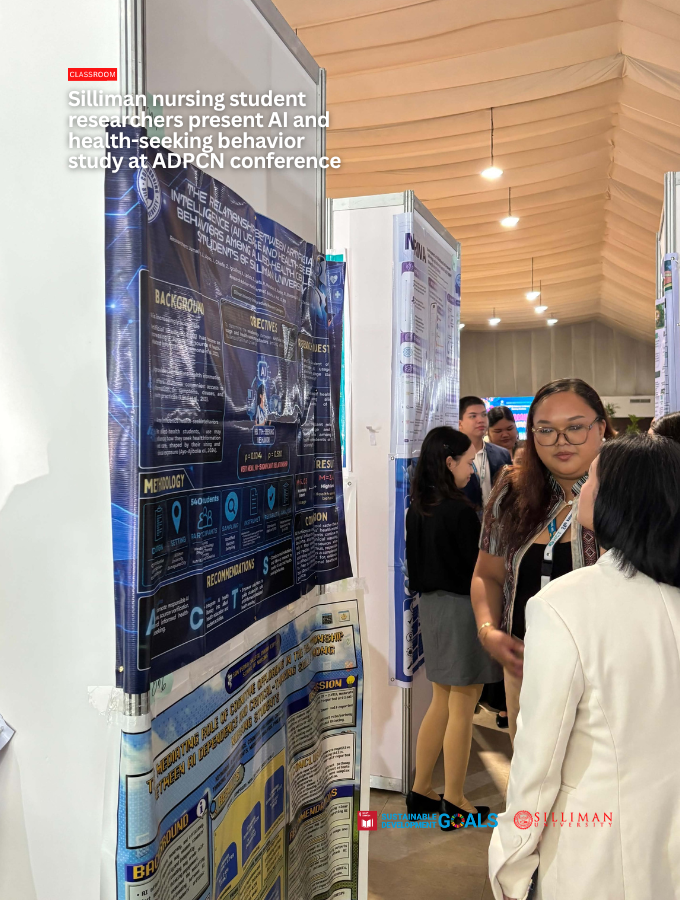 Jan Bernadette H. Jumalon presents and explains their research poster during the ADPCN 24th National Conference for Nursing Students, representing Silliman University College of Nursing.