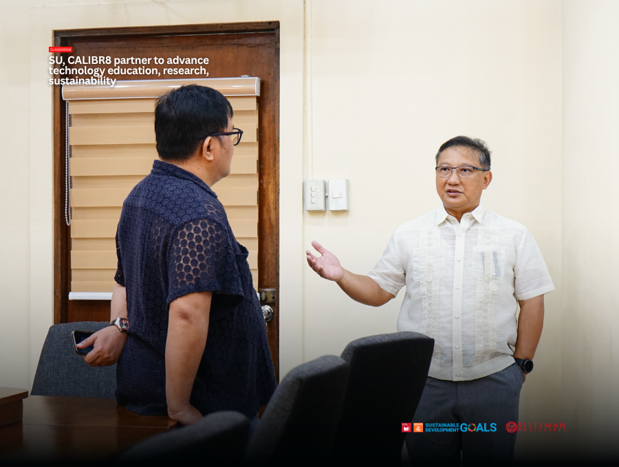 CALIBR8 CEO Reyes chats with Dr. Warlito S. Caturay Jr., SU Media and Public Affairs chief.