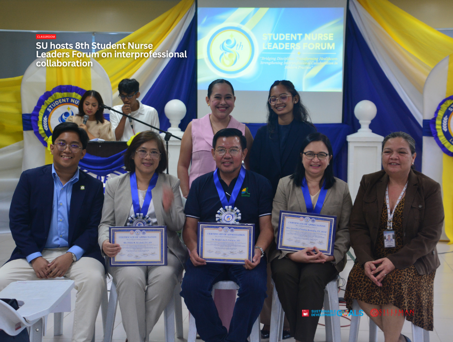 Christian Chino Maverick O. Tagra, SUCN Class 2027 President (front, left); Ms. Felisa B. Paalan, RN (front, second left); Dr. Benju Lito S. Caturay (front, center); Mrs. Jennifer C. Remollo, RN (front, second right); and Dr. Maria Theresa C. Belciña (front, right), SUCN Clinical Coordinator, pose with their certificates of appreciation following the presentations during the 8th Student Nurse Leaders Forum. Hannah Vincoy (second row, left), Section B Representative, and Raven Jane R. Romano (second row, right), Section A Representative, join the group for the commemorative photo.